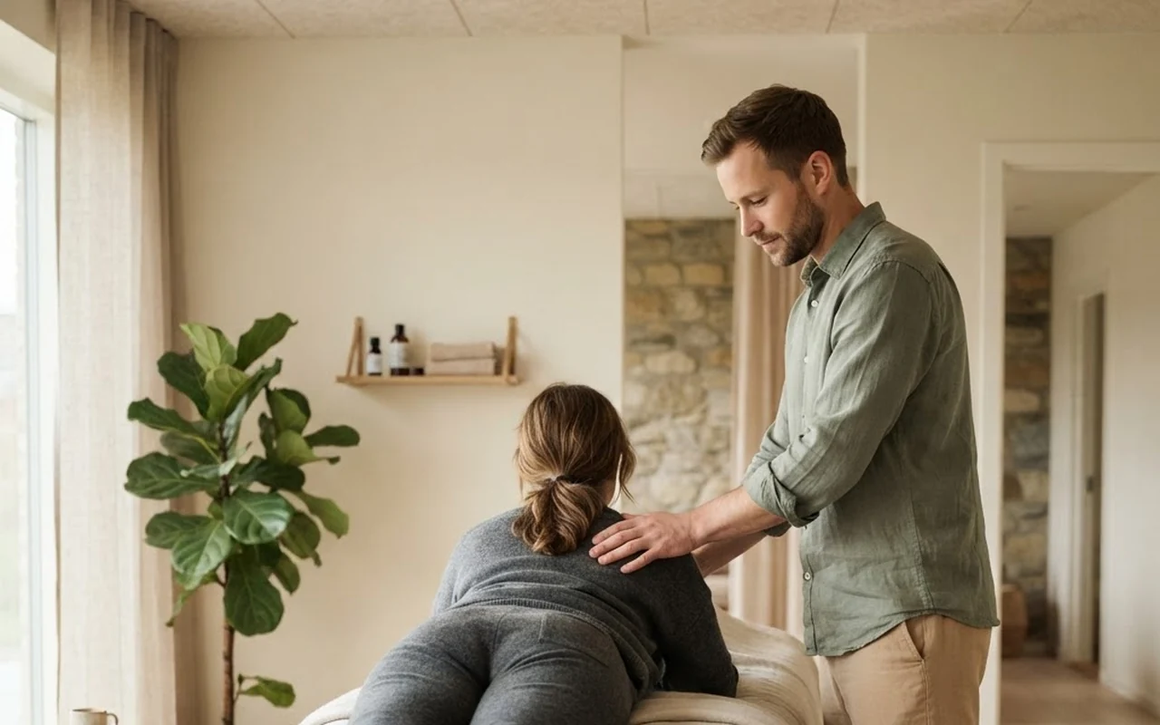 Kropsterapeut i en rolig klinik under en respektfuld behandlingssession