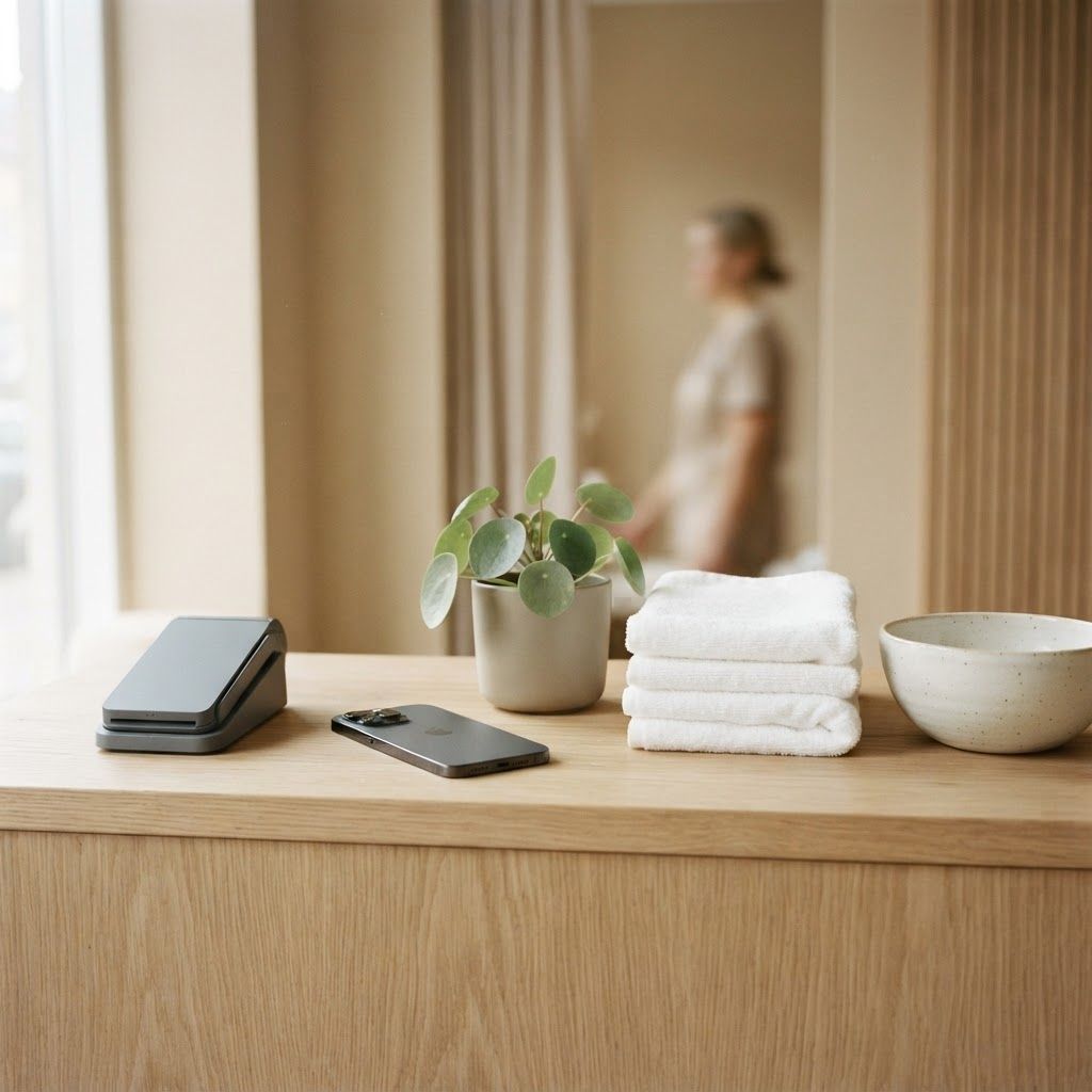 Kortterminal, telefon og plante på en reception i en klinik