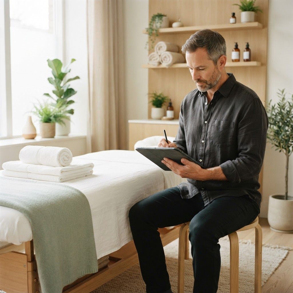 Behandler skriver journalnotat på en tablet i et lyst behandlingsrum