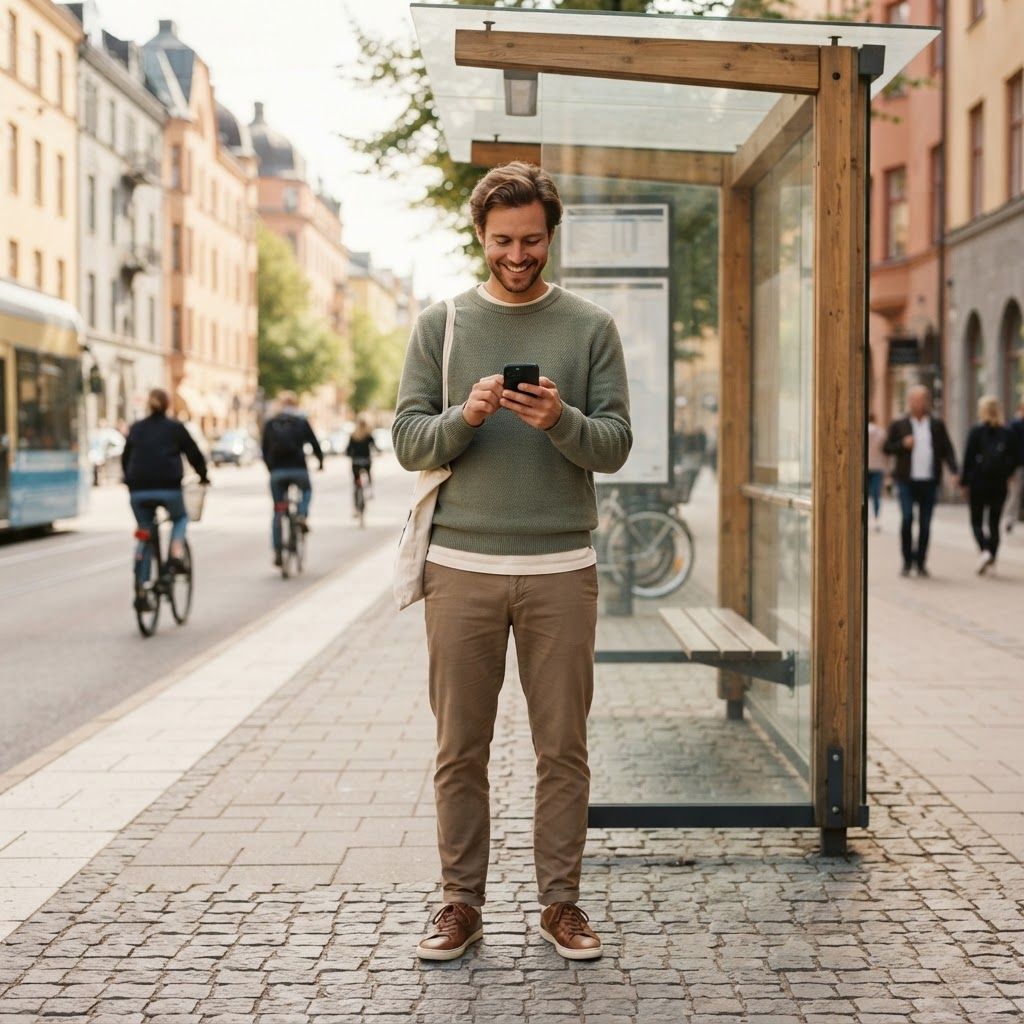 Klient bruger sin telefon ved et busstoppested